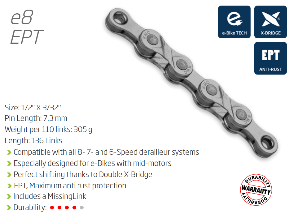 A NEW ITEM - CHAIN - 8 Speed - KMC E8 Turbo EPT - 136L - DARK SILVER - EcoPro TeQ Coating - w/Connect Link - EXTRA LONG - (Ebike Chain, higher pin power for e-Bike torque)