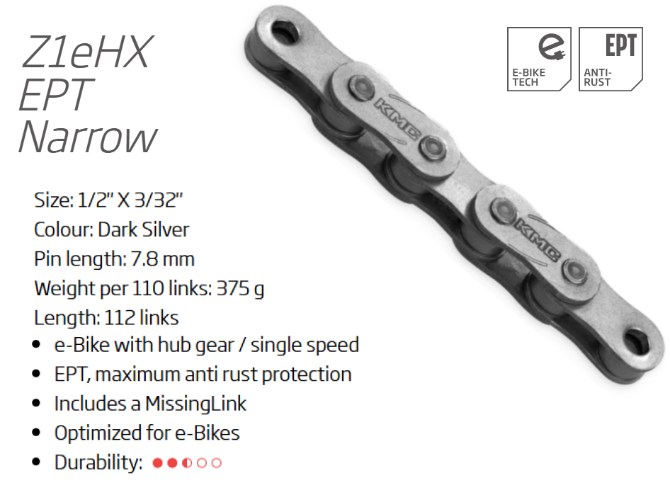 CHAIN - Single Speed - KMC Z1 eHX - 112L - SILVER - with EPT coating, w/Connect Link - (Ebike Chain, higher pin power for e-Bike torque)