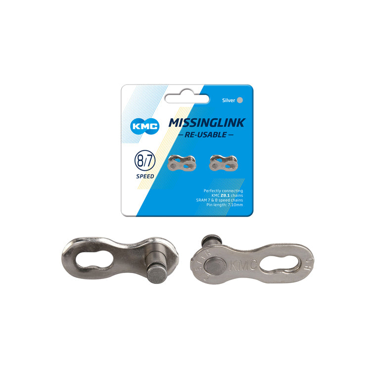 Connecting Links, KMC, Card of 2, fits all 7.1mm size 7 and 8 speed chains, Silver.