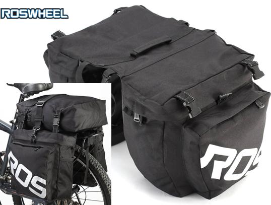 ROSWHEEL Pannier set, Top bag and side bags, water resistant, Side bags H33/W30cm, Top bag H34/W30cm, 1000D reinforced polyester, Black