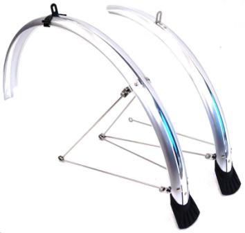 MUDGUARD SET 700c, Front (w/1 x stay) & Rear (w/2 x stays) metal fittings, SILVER (44mm Wide) (Mounting s NOT included)