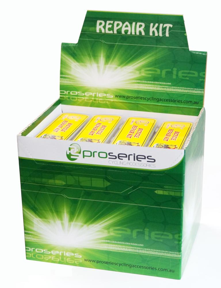 Glueless Repair Kits with levers in COUNTER DISPLAY BOX, of 25 Kits, kit incl. 2 plastic levers, 12 glueless patches, sandpaper