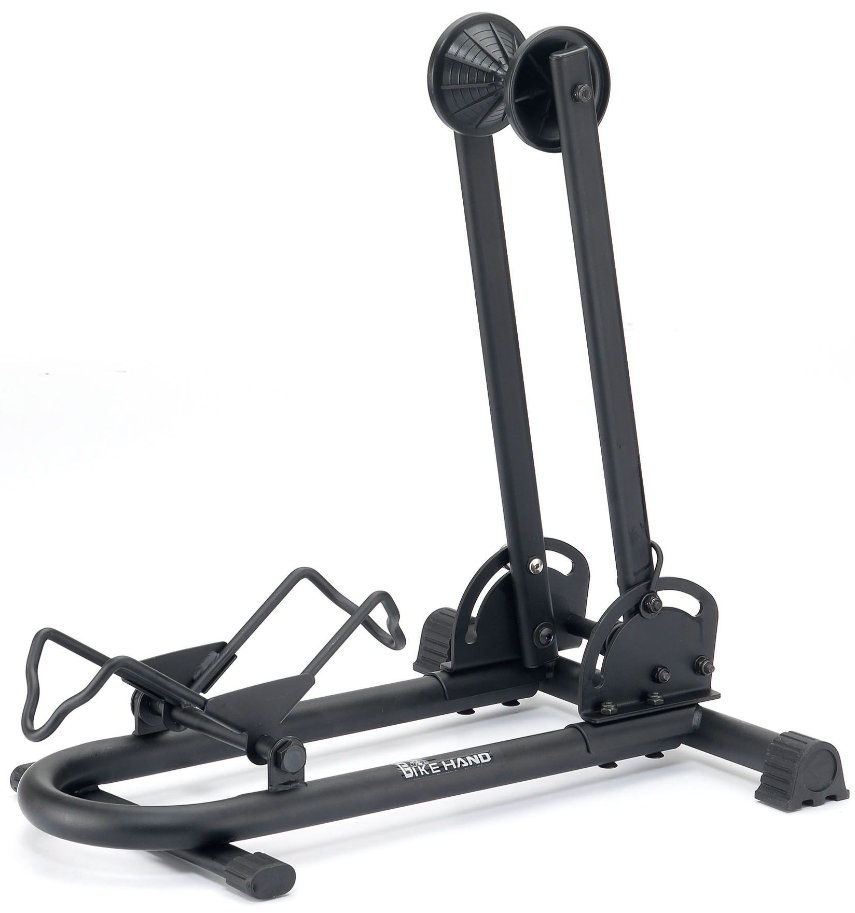 Bicycle storage/parking stand, for bike storage from 20mm wide tyre on 650C & 700C road wheels to 2.4" wide MTB/BMX tyres in size
