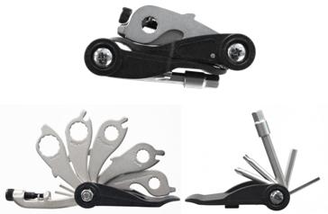 Folding MULTI Tool, 19 functions - hex keys, ring spanners, T25, Chain tool, tyre levers, spoke keys, + & - screwdrivers, Made in Taiwan
