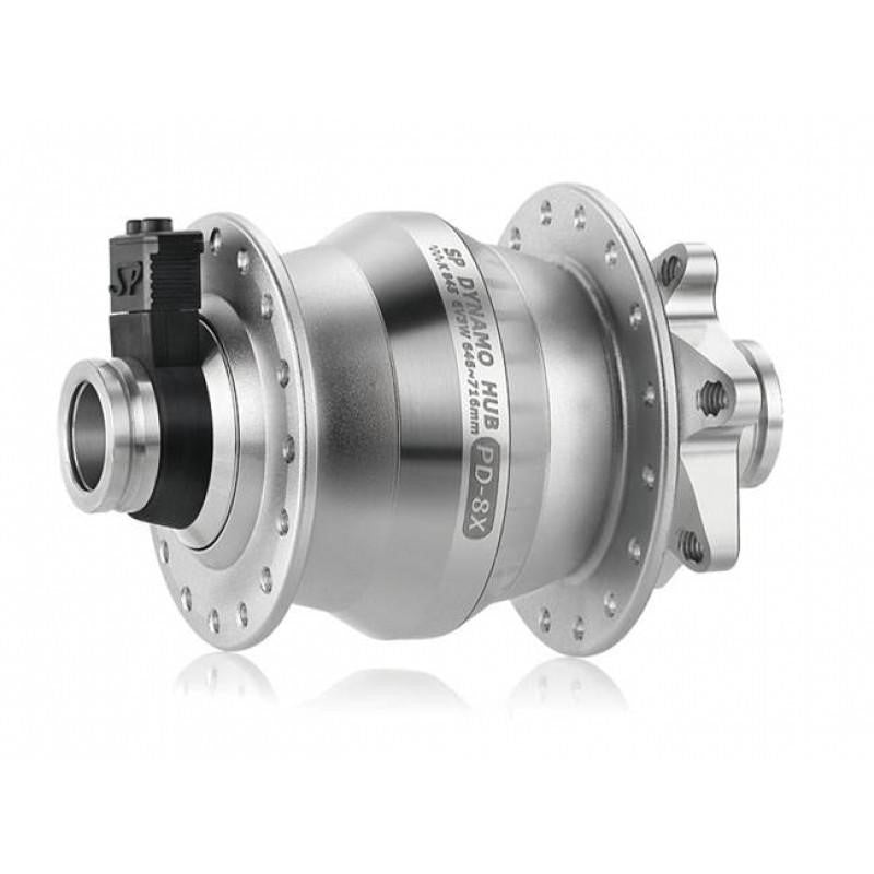 DYNAMO HUB Shutter Precision, PD-8X. 6V 3W Output, Front, 32H, 6 Disc, 15mm x 100mm Thru Axle, with QR Adapter, SILVER