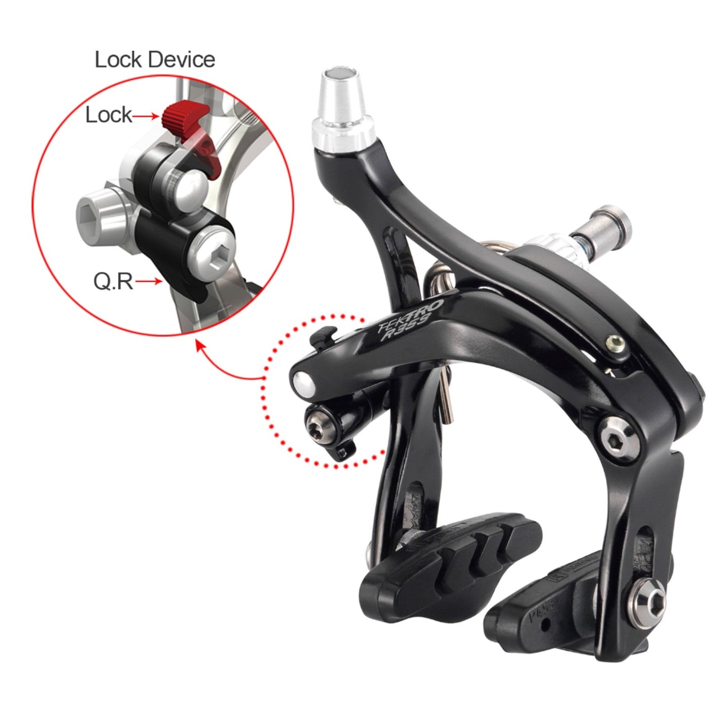 BRAKE - Tektro Caliper Brake Set, 47-57mm Reach, Dual Pivot, Q/R, Forged Alloy, Design For Big Tyres, Recessed, BLACK (Front & Rear)