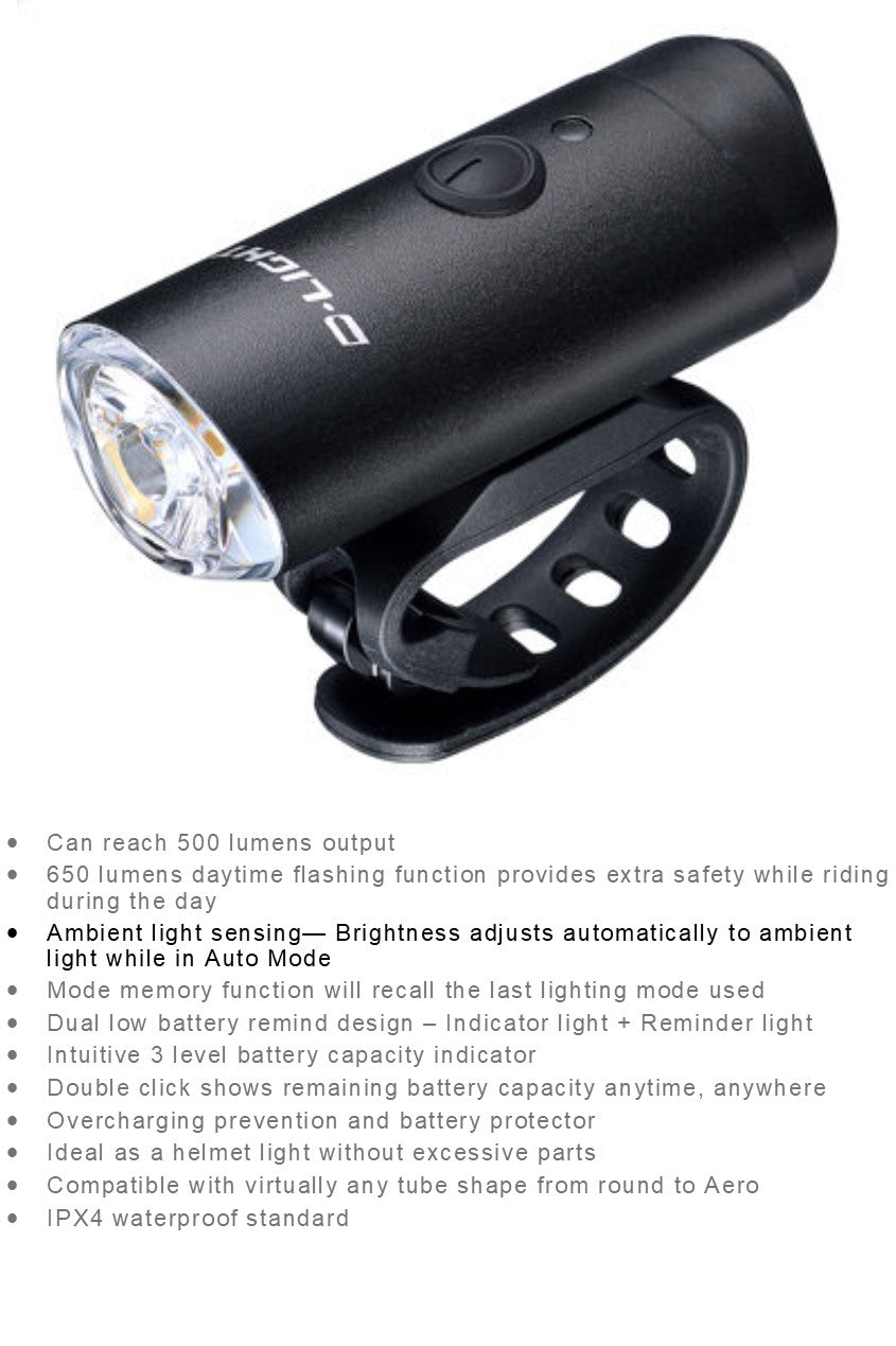 LIGHT Headlight, front, 6 function 500 Lumen or 650Lumen Daytime Flash, w/USB cable, Quality D-Light product, Great light, fits almost all handlebars, batt level display, lightweight and effective !