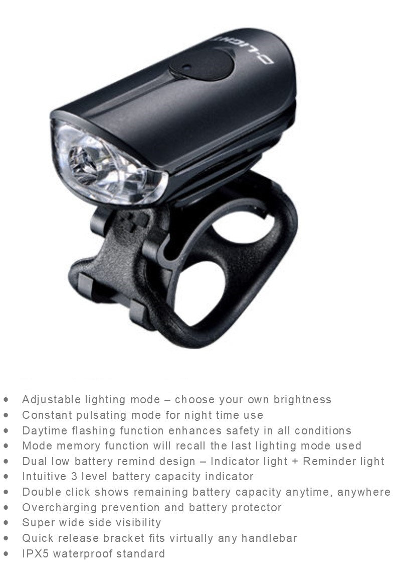 LIGHT Front, 4 function, 100Lumen "Daytime Flash" w/USB cable, compact sizing, weighs only 19g, Batt remaining indicator light, add item 8383 for "go-Pro" mounting, Quality D-Light product