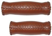 Handlebar Grips, Classic RETRO, Hand stitched, Brown, w/plugs, (92mm + 127mm length)