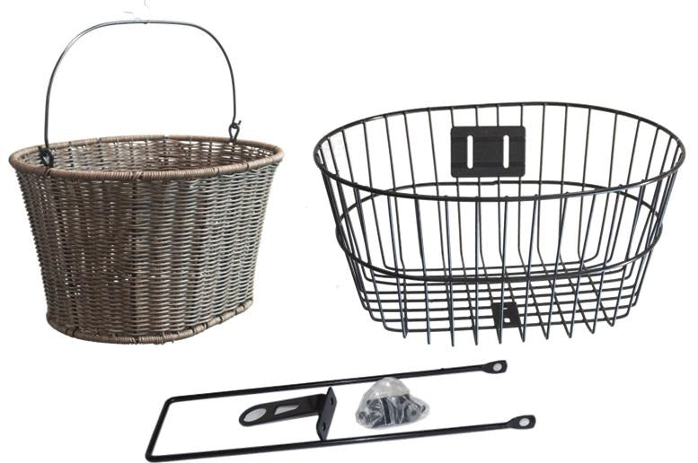 BASKET Combination, Fixed Mount with Stay & 1" Fittings, for Quill stem, Oval Removable PolyrattanBasket with 2 Handles and Oval Steel BLACK Fixed Basket - 38w x 23h x 29d