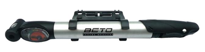 MINI PUMP , alloy, 1-way, oval barrel, w/T-handle, w/gauge, Dual Head fits Schrader/Presta, w/bracketQuality Beto product