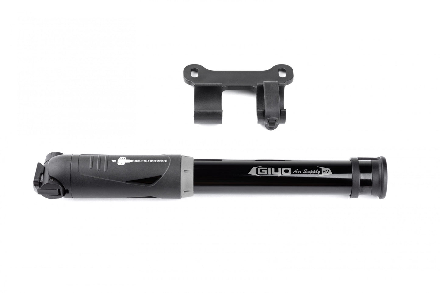 MINI PUMP GIYO, alloy, w/retractable 5" hose, bracket & threaded head, 80 PSI, AV/FV, 265mm long