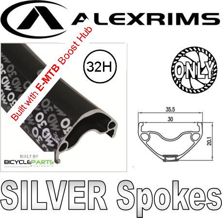 WHEEL - 27.5 / 650B Alex MD30 32H Black Rim, REAR 12mm T/A (148mm OLD) 6 Disc Sealed Novatec Boost for E-MTB Black Hub, Mach 1 SILVER Spokes