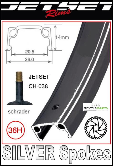 WHEEL - 24" JETSET S/w 36H A/v B/s BLACK Rim, FRONT Q/R (100mm OLD) 6 Bolt Disc Loose Ball Joytech Black Hub, Mach1 SILVER Spokes