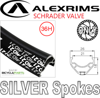 WHEEL - 29er Alex MD21 36H P/j Black Rim with Eyelets, Schrader Valve, FRONT 20mm T/A (110mm OLD) 6 Disc Sealed Novatec Black Hub, SILVER Spokes