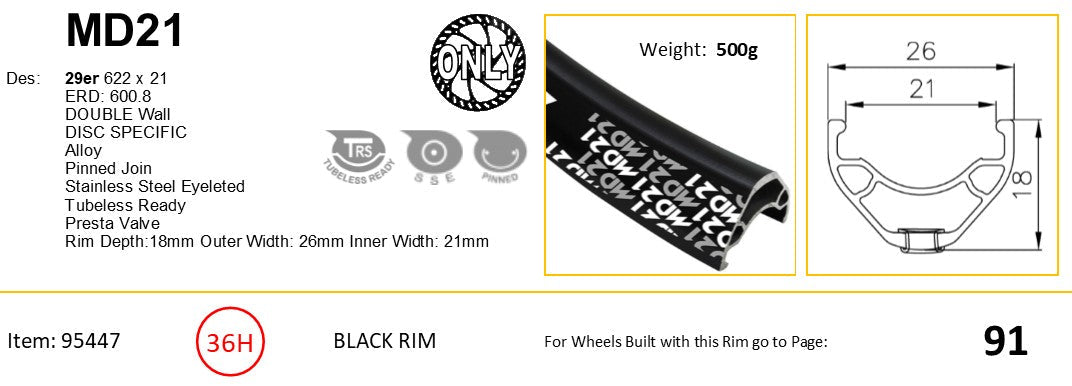 RIM 29er x 21mm - ALEX MD21 - 36H - (622 x 21) - Schrader Valve - Disc Brake - D/W - BLACK - Eyeleted - Tubeless Ready - (Requires AV tubeless valve)