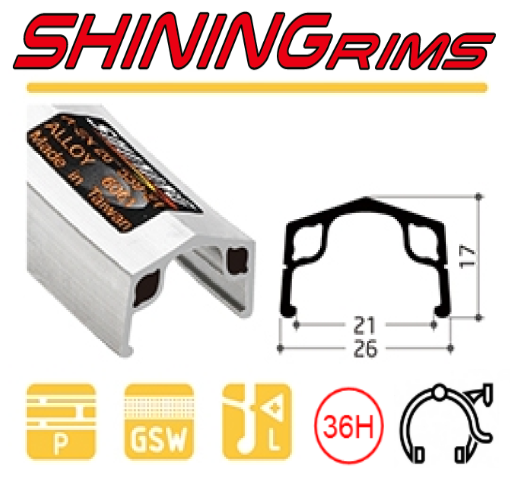 RIM 22" x 21mm - Shining A-5NS - 36H - Schrader Valve - Rim Brake - S/W - SILVER (457 x 21)