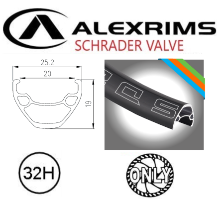 RIM 26" x 20mm - ALEX SD20 - 32H - (559 x 20) - Schrader Valve - Disc Brake - D/W - BLACK - Eyeleted - Tubeless Ready - (Requires AV tubeless valve)