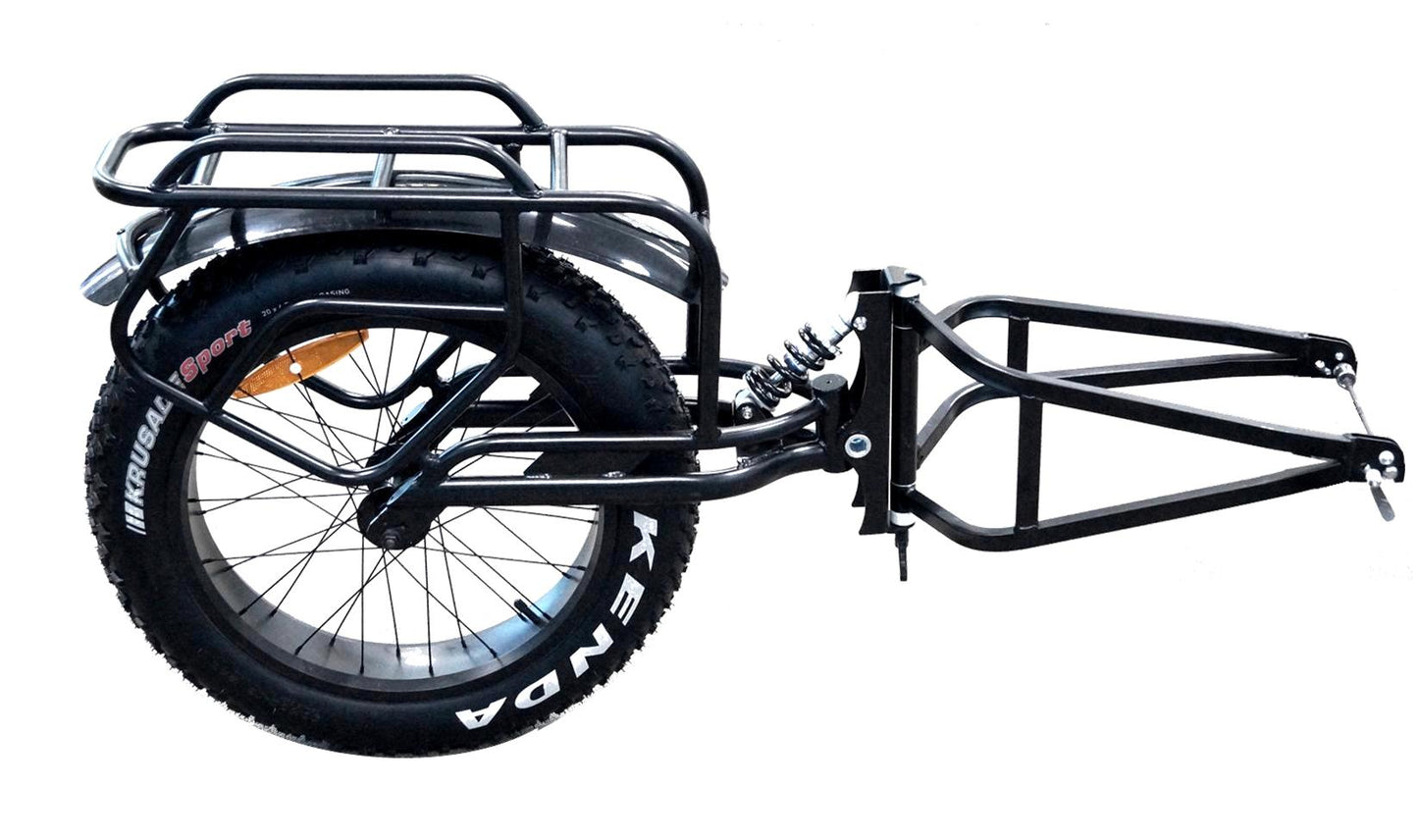 20" x 4" (FAT) Single wheel Cargo Trailer with Suspension & Pannier Racks. Steel Frame.MAXIMUM LOAD: 45kg MAX SPEED LOADED: 40kph
