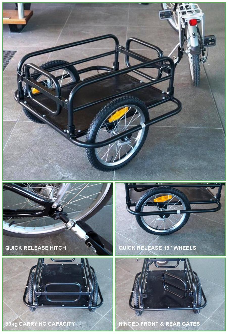 Bicycle Cargo trailer. Steel Frame. Folds flat, 16' wheels-quick release, Capacity:60kgs, Loading size:67*45*25cm