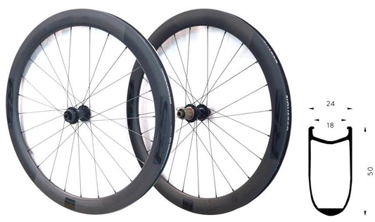Wheelset CARBON 700c Novatec R5- CENTRE LOCK DISC (50mm Deep Clincher Rim F&R ). (Shim 11 speed Body) R: 142 x 12mm Thru. F: 100 x 12mm Thru, tubeless ready