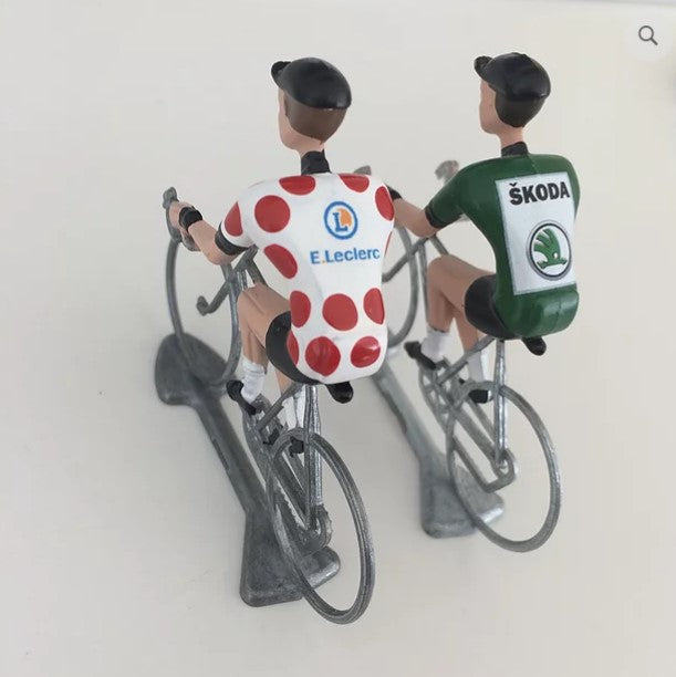 FLANDRIENS Models, 2 x Hand painted Metal Cyclists, Red Polka & Green jerseys