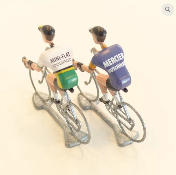 FLANDRIENS Models, 2 x Hand painted Metal Cyclists, Mini Flat & Mercier jerseys
