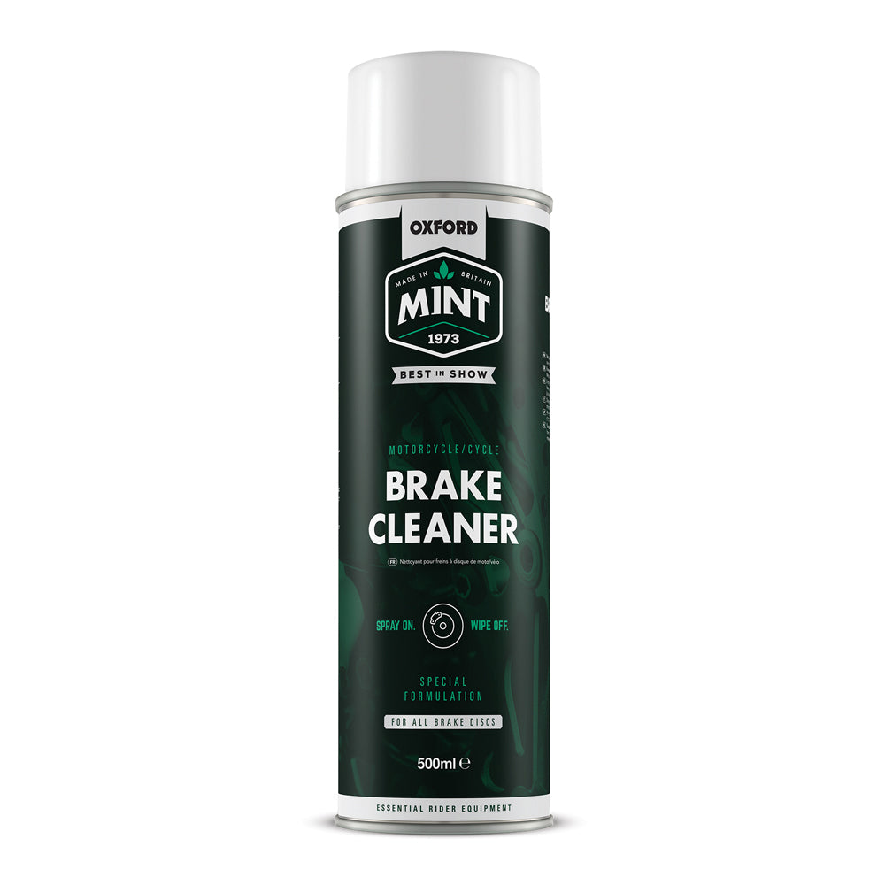BRAKE CLEANER - Oxford Mint Brake Cleaner 500ml, efficiently removes build-up of brake dust and dirt leaving a decontaminated surface. It’s acetone-free and safe on rubber components