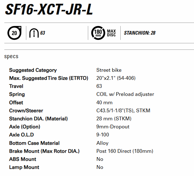 SUSPENSION FORK 20, XCT-JR-L DS 20", travel: 63mm, 9x100mm, COIL SPRING w/Preload adjuster, alloy crown/steerer 1-1/8" stem L:300mm, post mount for 160mm rotor Matt Black