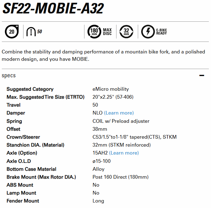 SUSPENSION FORK, MOBIE-A32 NLO DS 15AH2 20" x 2.25", 15mm x OLD 100mm, 20" x 2.15", travel 50mm, tapered steerer