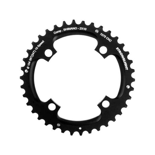 CHAINRING - MTB "STRONGLIGHT" 38T - SHIMANO, 104/64 - 2X10, 7075-T6 BLACK, 2x10 speed, 104 BCD, Outer not threaded, 38T, 4 arms, Quality Stronglight product 274201