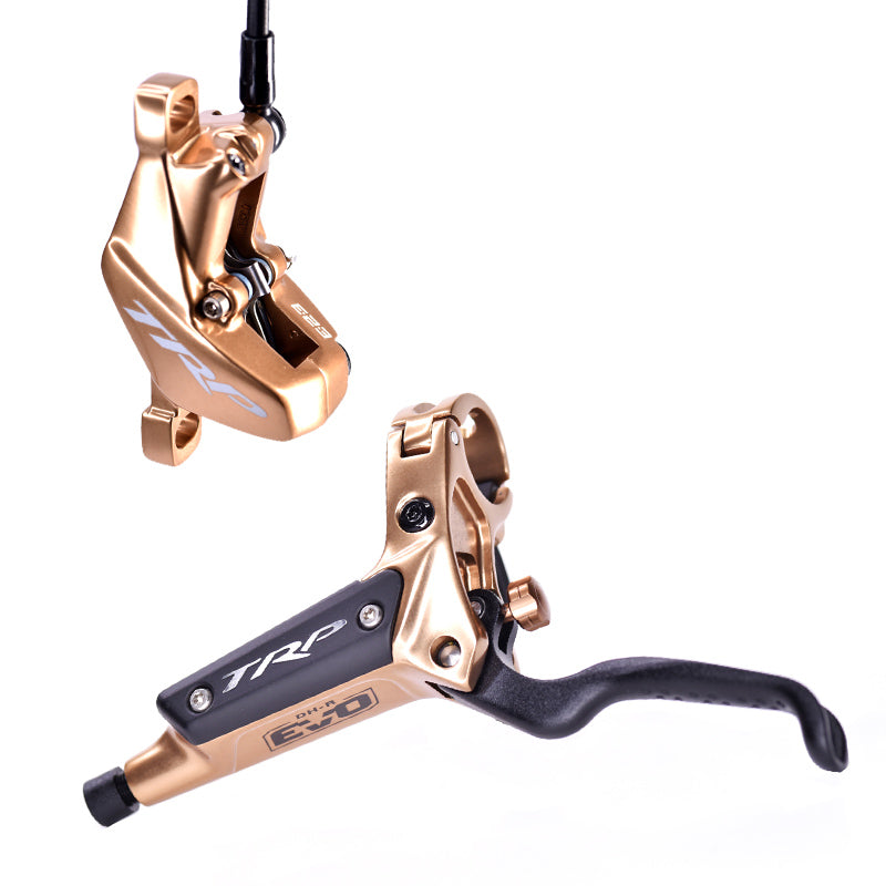 TRP DHR EVO - Front, Disc brake set, front, for right hand, alloy, hydraulic 4-piston. High polish GOLD (Uses 2.3mm Rotor Only - Rotor not included)