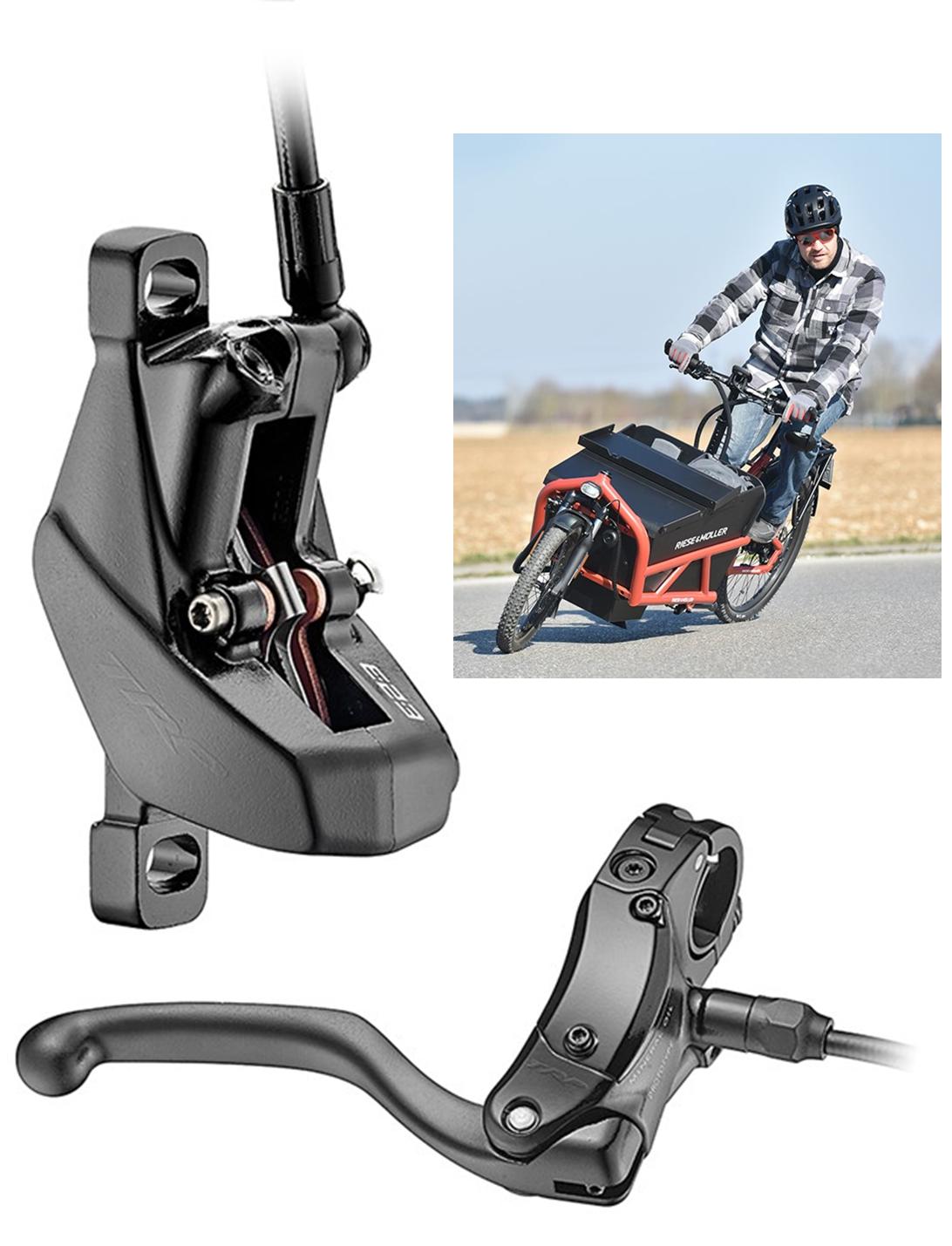 TRP C2.3 Cargo bike REAR, need to run 2.3mm rotor including: caliper/lever/hose, w/o rotor, hose 1500mm, cut off cable 200mm, for E bike, front side. 4 piston, 4 fingers Lever