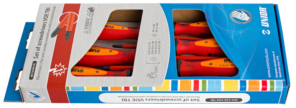 Unior Set of 6 screwdrivers VDE TBI 617042 electrician´s with insulated blade 4x VDETBI dim. 0.4x2.5x75, 0.8x4.0x100, 1.0x5.5x125, 1.2x6.5x150, 2x VDETBI crosstip (PH) dim. PH 1x80, PH 2x100