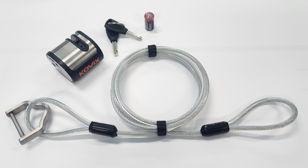 ALARM DISC LOCK, 5.5mm pin lock size, built-in anti-theft alarm, suitable for bikes & scooters, includes CR2 battery - KOVIX