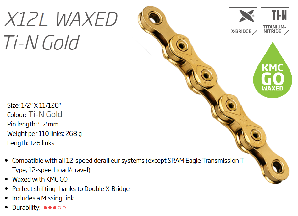CHAIN - 12 Speed - ( SHIM, TRP AND CAMPY compatible ) KMC X12L - 126L - TI-N GOLD - X-Series - w/Connect Link