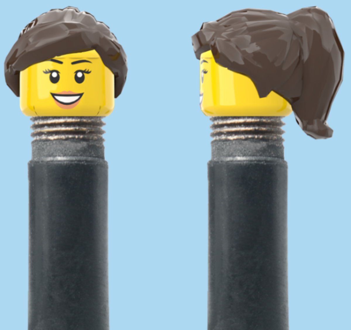 Teeth Smile Face with Eyelashes & Lipstick | Black Half Pony Hairdo | AV | Brick Caps | Sold as Pair