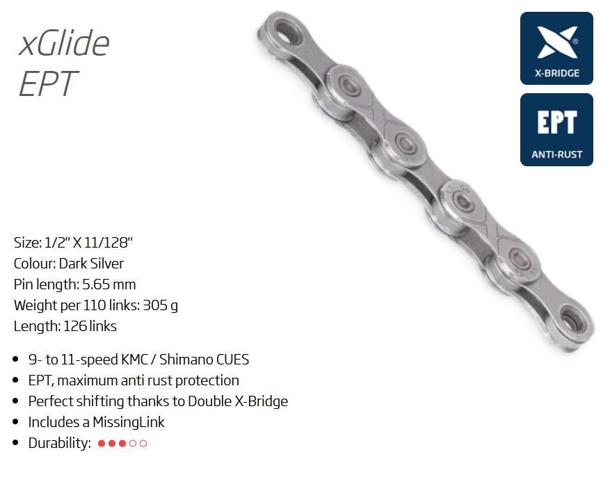 CHAIN - 9/10/11 CUES - KMC xGLIDE - 126L - SILVER - EcoPro TeQ Coating - X-Series - w/Connect Link