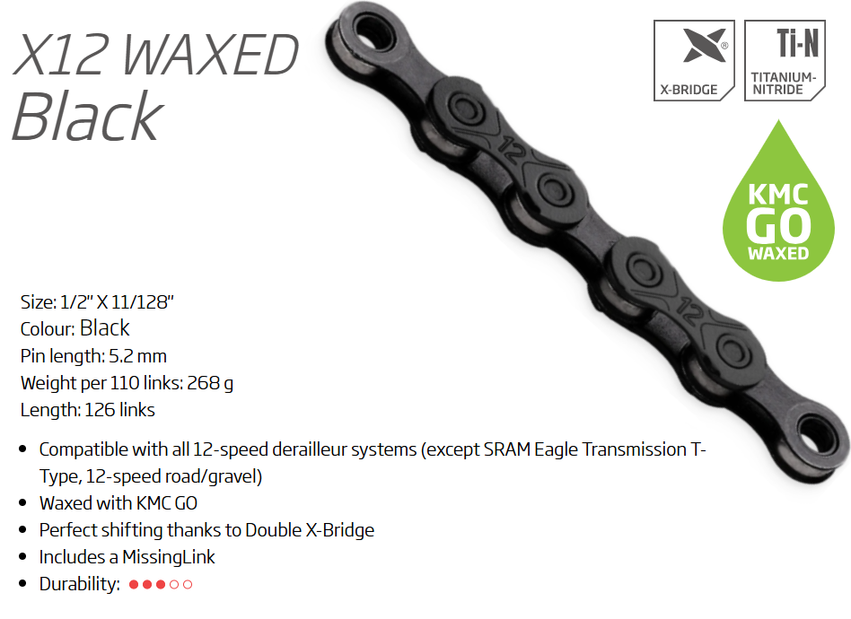 CHAIN - 12 Speed - KMC X12 GO WAX - 126L - BLACK - X-Series - w/Connect Link