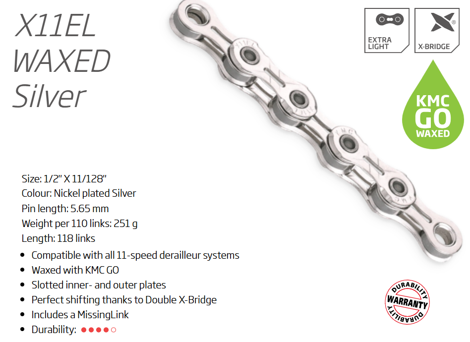 CHAIN - 11 Speed - KMC X11EL GO WAX - 118L - SILVER - X-Series - w/Connect Link