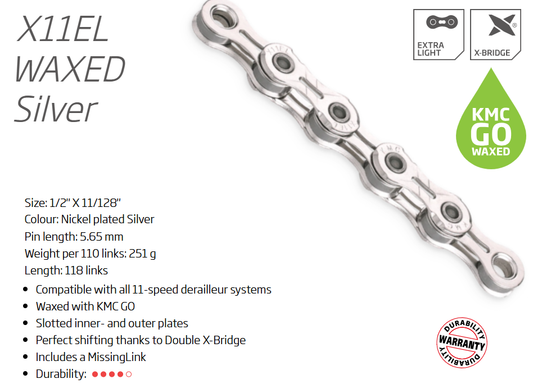 CHAIN - 11 Speed - KMC X11EL GO WAX - 118L - SILVER - X-Series - w/Connect Link