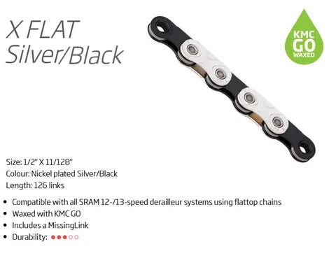 CHAIN - 12/13 Speed - KMC X-FLATW - 126L - SILVER/BLACK - w/Connect Link - WAXED - (For Sram flat top 12/13 speed only)