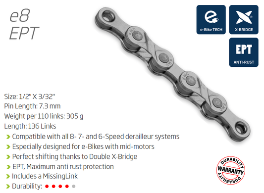 A NEW ITEM - CHAIN - 8 Speed - KMC E8 Turbo EPT - 136L - DARK SILVER - EcoPro TeQ Coating - w/Connect Link - EXTRA LONG - (Ebike Chain, higher pin power for e-Bike torque)