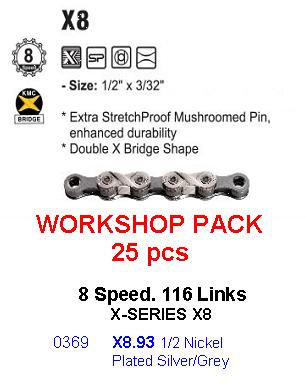 CHAIN WORKSHOP BOX - 6-8 Speed - KMC X8.93 - 116L - SILVER/GREY - w/Connect Link - Includes 25 Chains