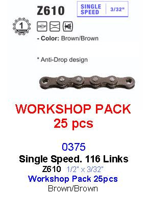 CHAIN WORKSHOP BOX - Single Speed - KMC Z1 - 112L - BROWN - w/Connect Link - Includes 25 Chains