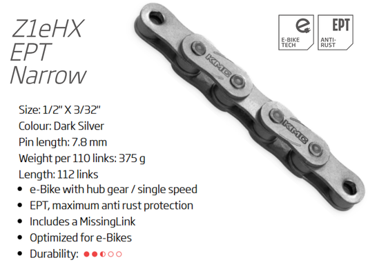CHAIN - Single Speed - KMC Z1 eHX - 112L - SILVER - with EPT coating, w/Connect Link - (Ebike Chain, higher pin power for e-Bike torque)