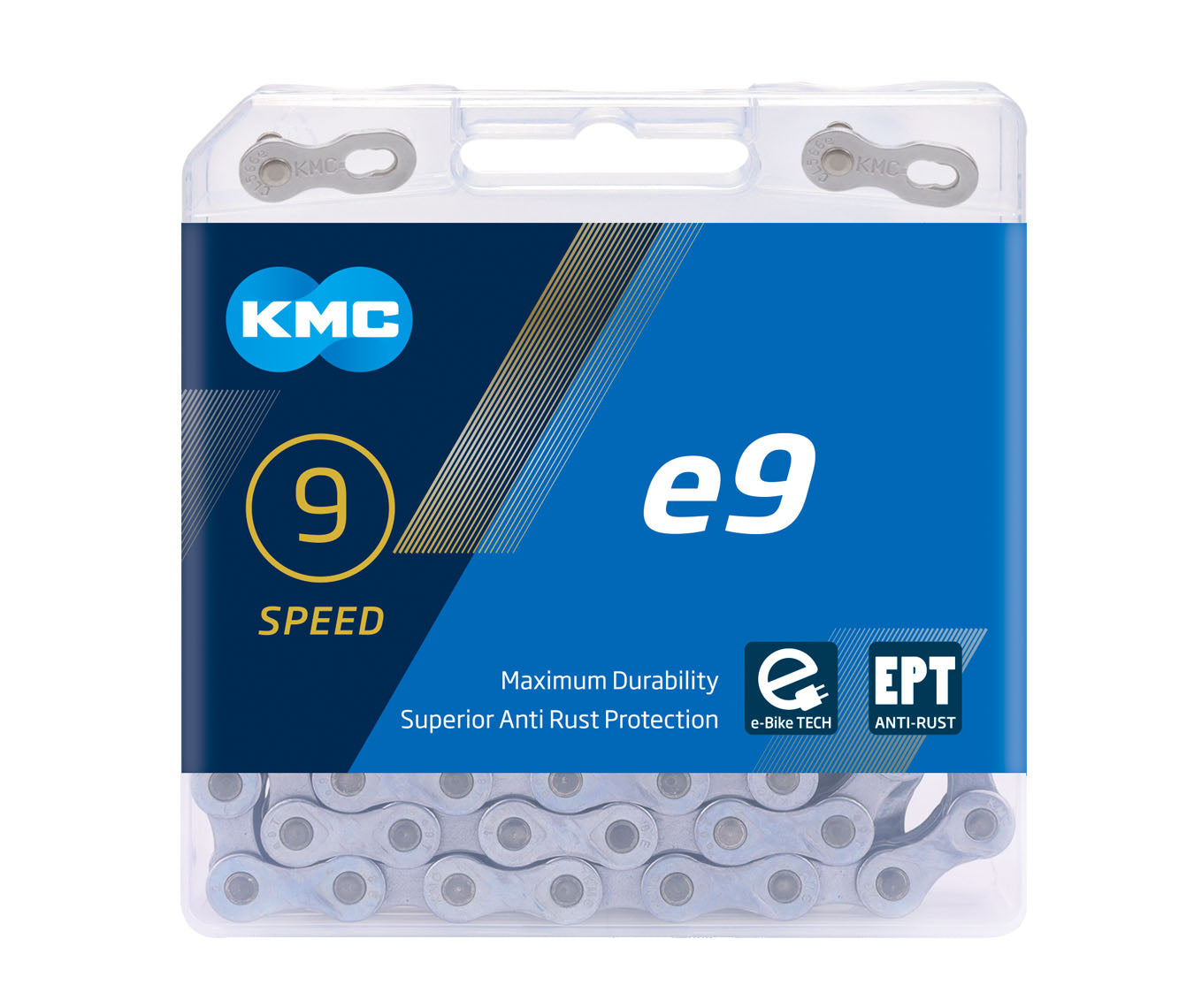 CHAIN - 9 Speed - KMC E9 EPT - 136L - DARK SILVER - EcoPro TeQ Coating - w/Connect Link - EXTRA LONG - (Ebike Chain, higher pin power for e-Bike torque)