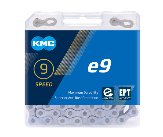 CHAIN - 9 Speed - KMC E9 EPT - 136L - DARK SILVER - EcoPro TeQ Coating - w/Connect Link - EXTRA LONG - (Ebike Chain, higher pin power for e-Bike torque)
