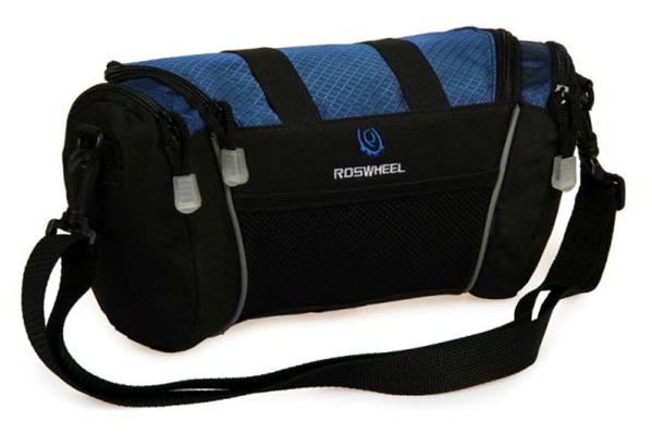 SAHOO Handlebar bag, compact 5 L capacity, 4 pockets, velcro attach L32,W11/H17cm, Black with blue top