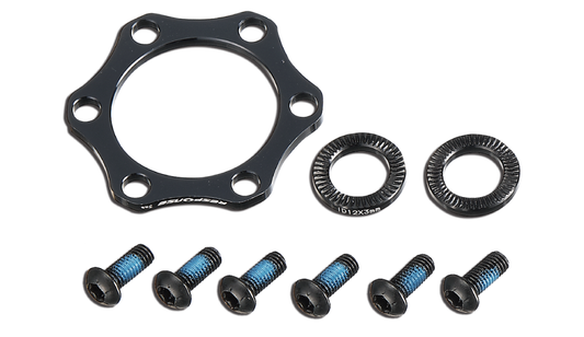 BOOST HUB CONVERTER REAR (Converts 142mm to 148mm) - AL-6061 spacer, OD:19mm x ID:12mm x 3mm, 2pcs + 3mm thick disc spacer x 1pc, M5 x 12mm rotor screws x 6pcs, black color